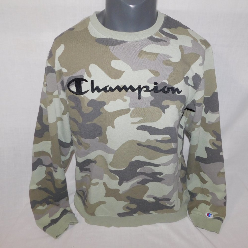 Champion Spellout Green Gray Camo Crew Neck Sweatshirt Mens L